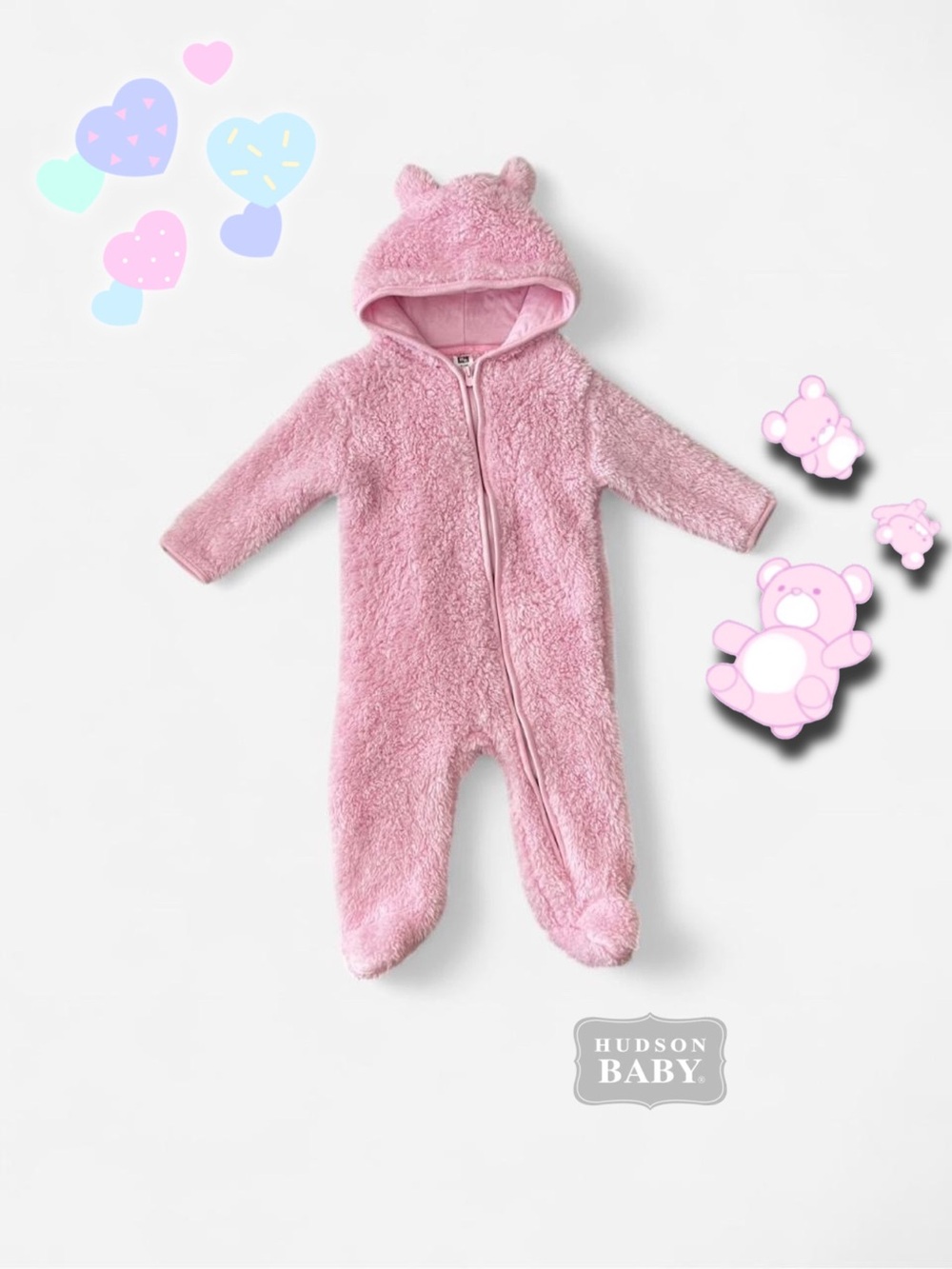 Hudson Baby Pink Plush Hooded Footie One-Piece
